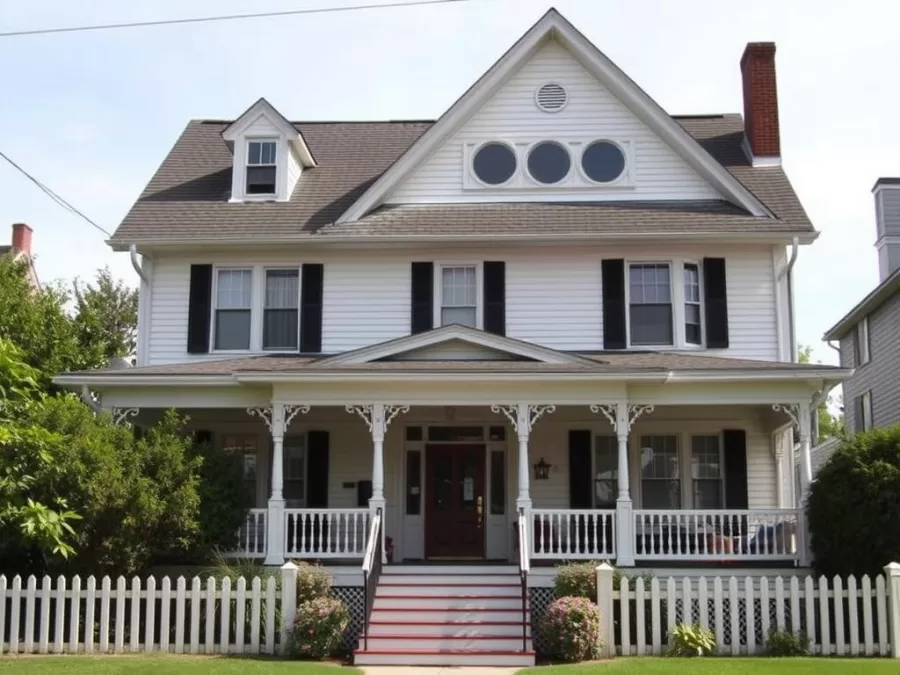 The iconic Amityville Horror house with its distinctive quarter-moon windows resembling eyes
