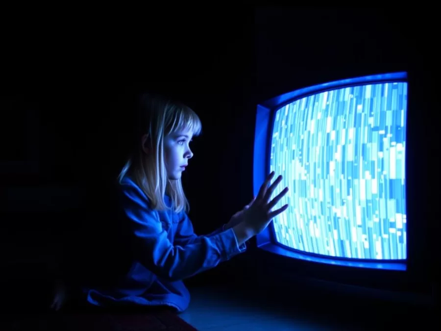 The iconic scene from Poltergeist with the young girl touching the static-filled TV screen