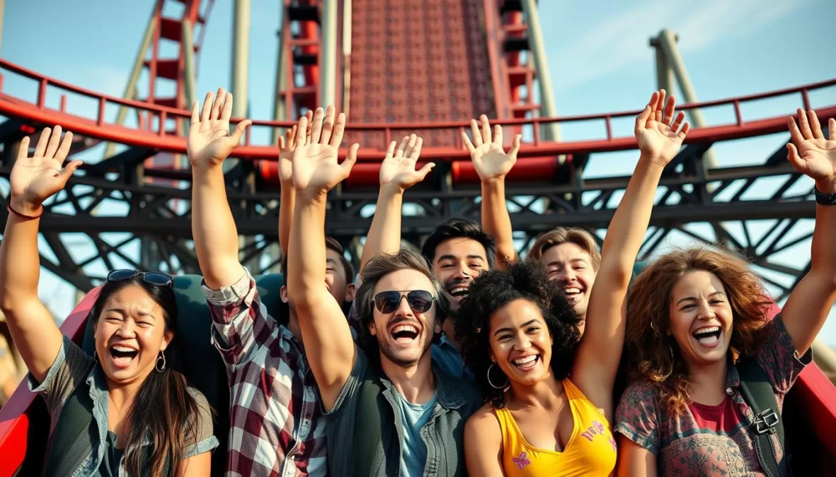 Thrill-seekers celebrating after conquering one of the scariest roller coasters in the world