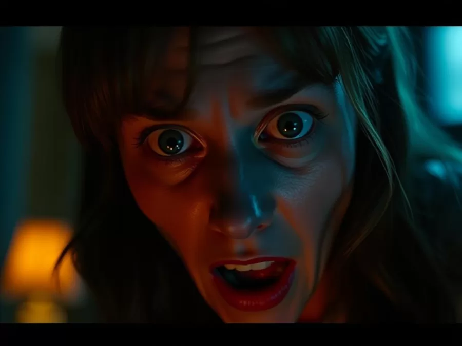 Toni Collette in Hereditary with a terrified expression in dim lighting