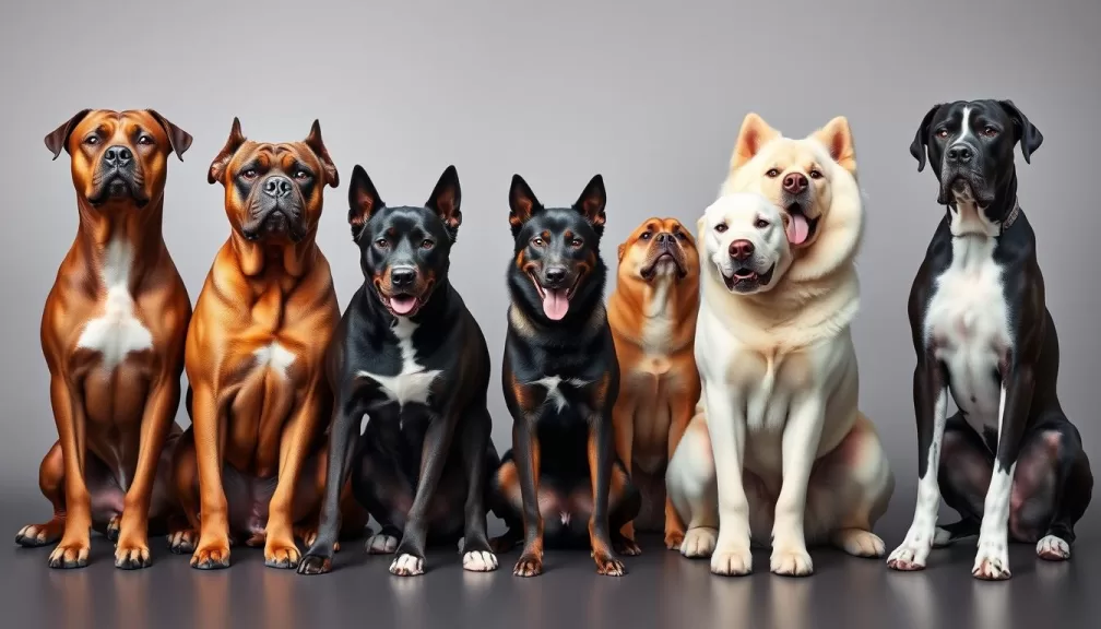 Top 10 dangerous dogs in the world showing various powerful breeds including Pit Bulls and Rottweilers