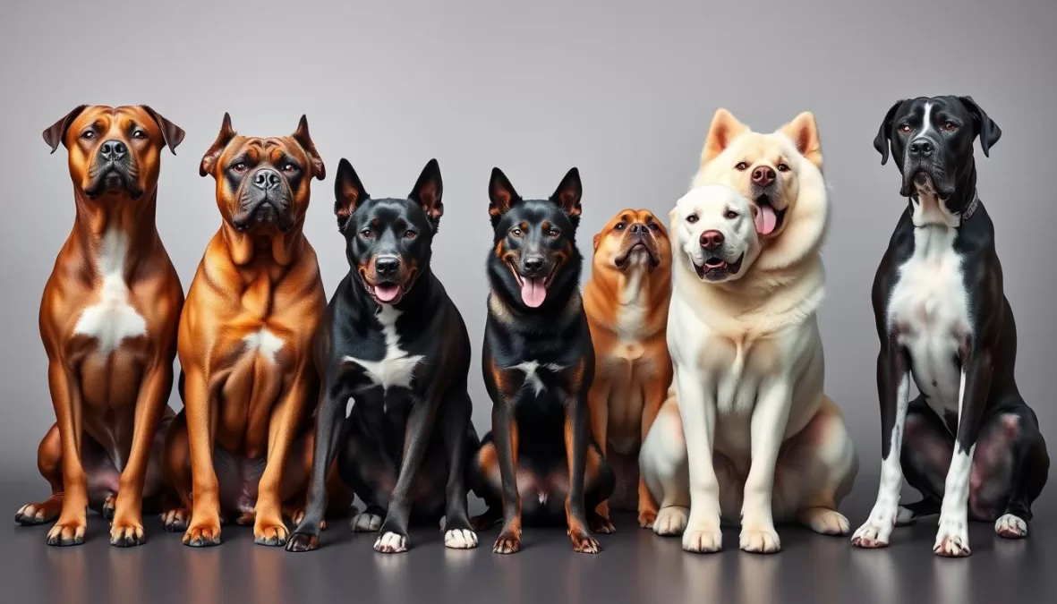 Top 10 dangerous dogs in the world showing various powerful breeds including Pit Bulls and Rottweilers