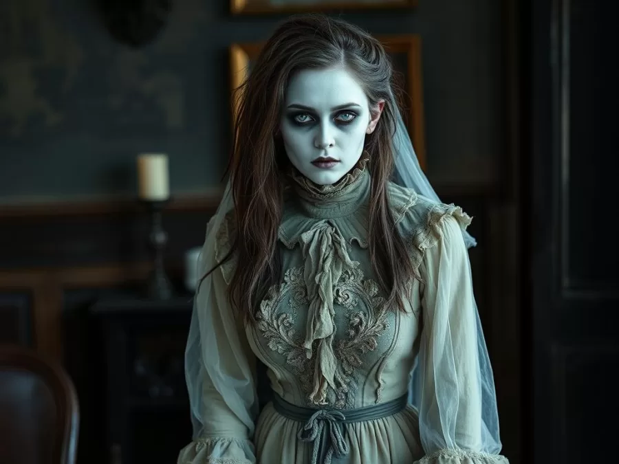 Victorian Ghost costume with tattered period dress and pale ghostly makeup