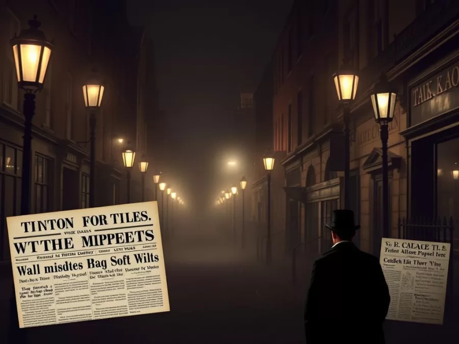 Victorian London street scene with Jack the Ripper silhouette and newspaper headlines