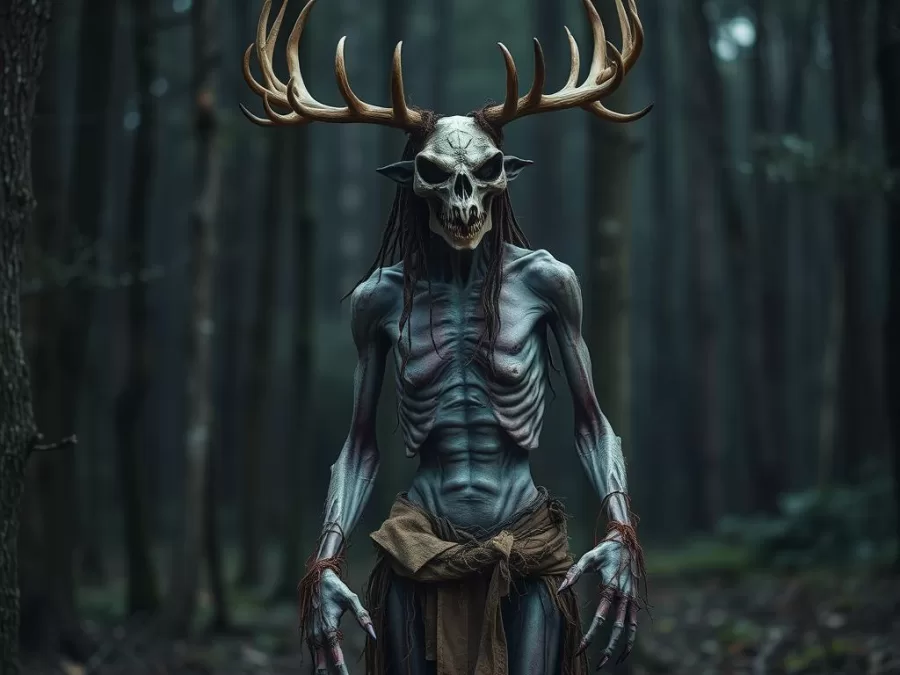 Wendigo costume with antlers, gaunt appearance and torn clothing