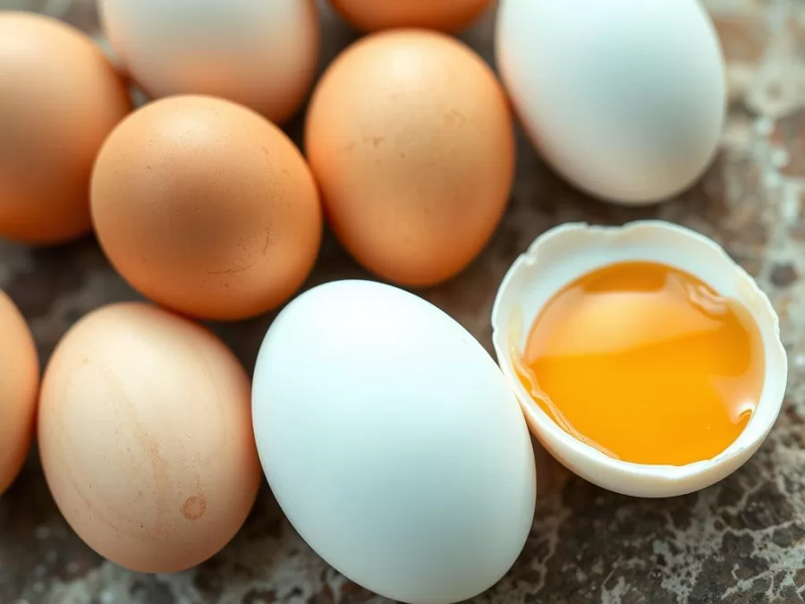 Whole eggs and a cracked egg showing the yolk, considered among the top 10 most nutritious foods in the world