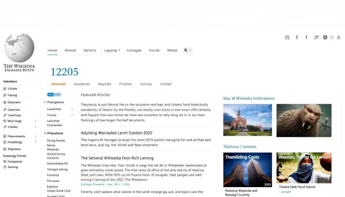 Wikipedia homepage showing featured articles and global language options