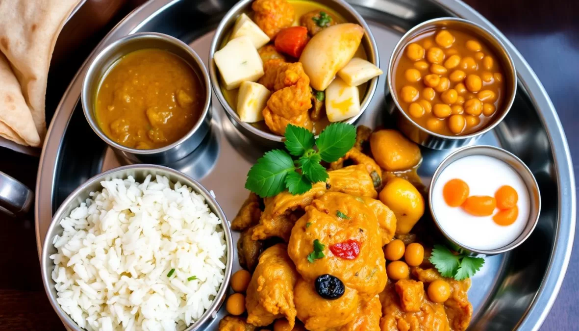 A balanced Indian meal with multiple protein sources