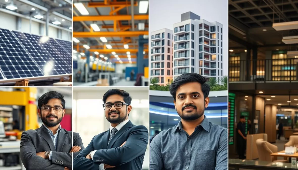 A collage showing the remaining four young Indian billionaires in their respective business environments