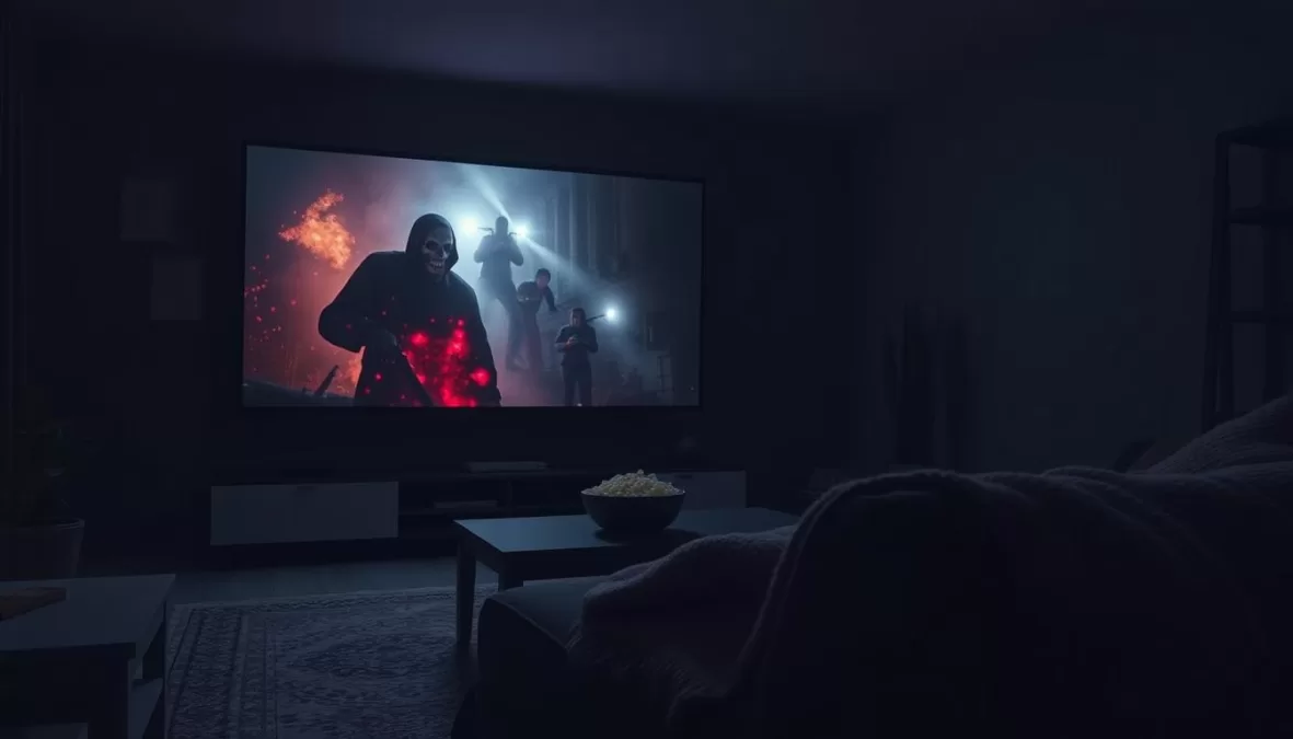 A dark room with a TV showing a horror movie scene, creating the perfect scary movie atmosphere