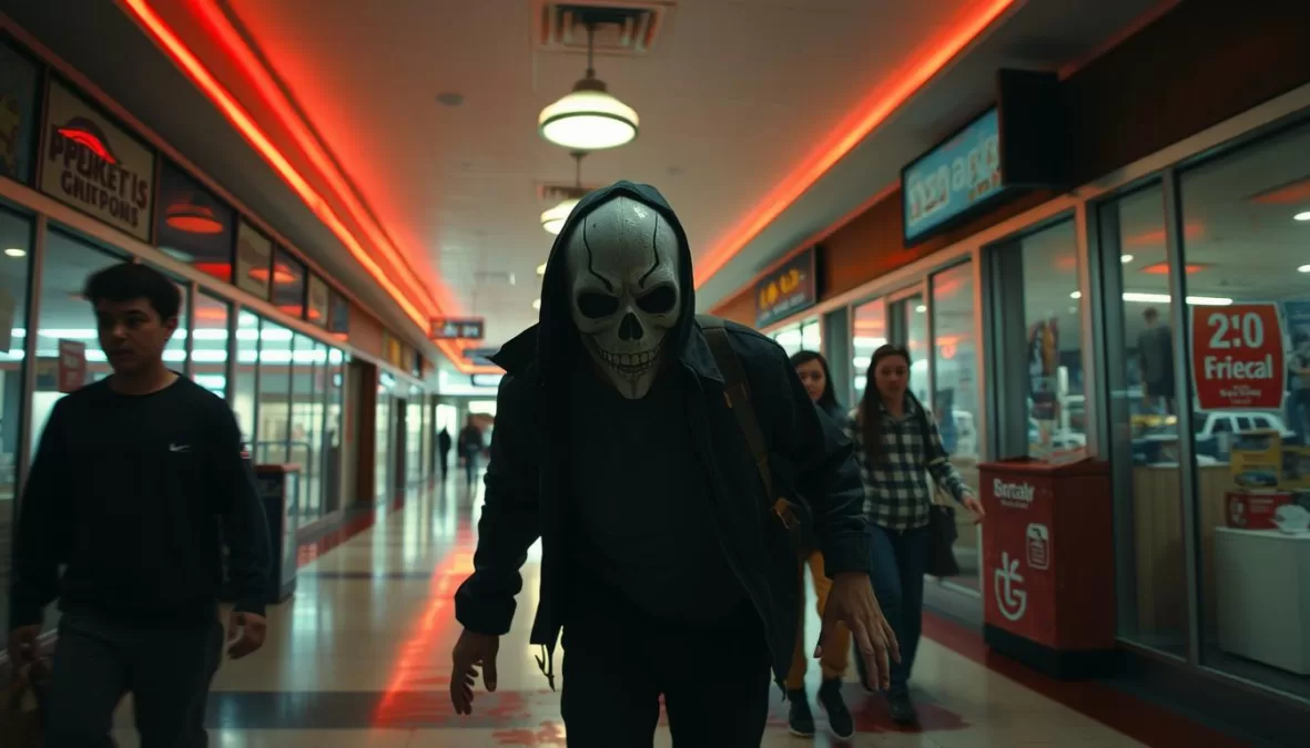 A masked killer from Fear Street Part 1: 1994 pursuing teenagers, representing one of the scariest movies on Netflix 2025