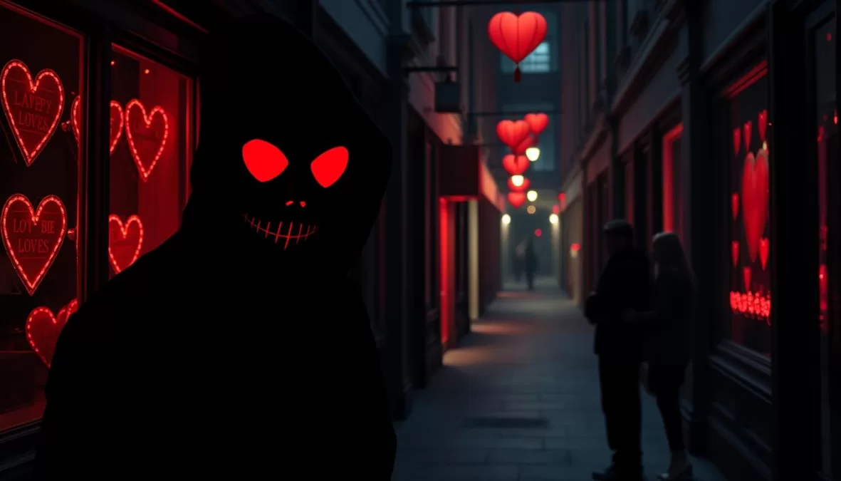 A masked killer with heart-shaped symbols stalking victims in Heart Eyes, one of the scariest movies on Netflix 2025