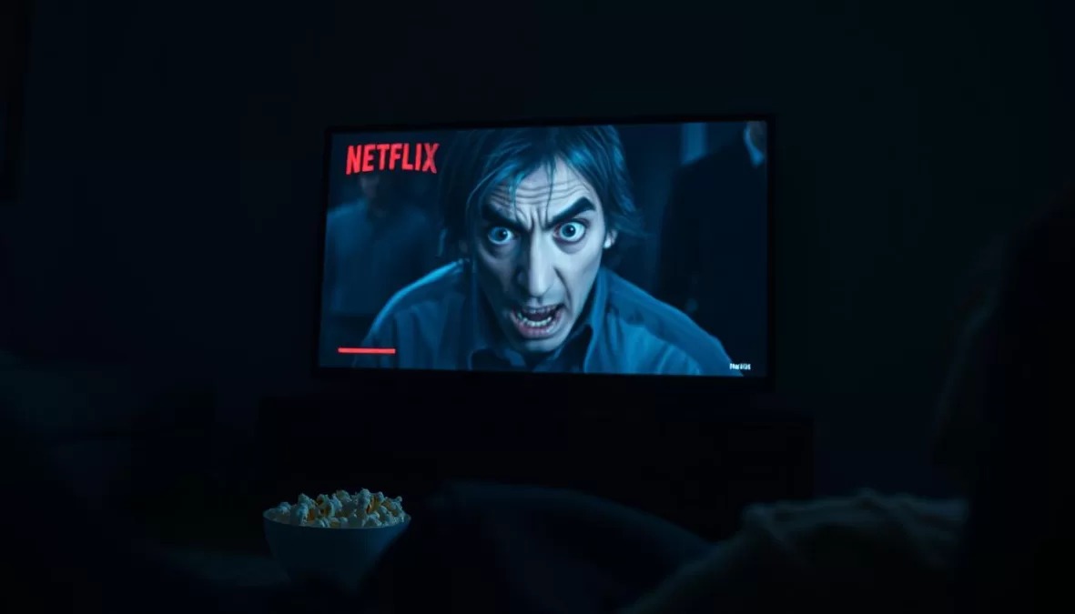 A person watching a scary movie on Netflix at night with a terrified expression, representing the scariest movies on Netflix 2025 experience