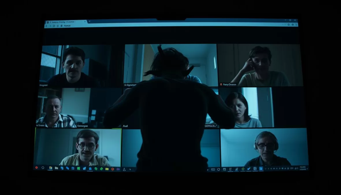 A terrifying Zoom séance scene from Host with supernatural activity visible on screen, one of the scariest movies on Netflix 2025