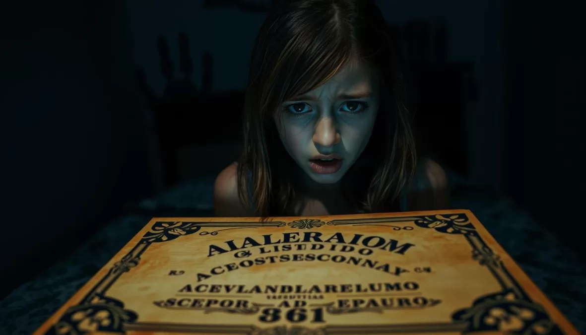 A terrifying possession scene from Veronica showing a young girl with a ouija board, one of the scariest movies on Netflix 2025