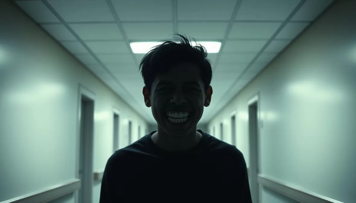 A terrifying smiling figure from Smile standing in a dark hallway, one of the scariest movies on Netflix 2025