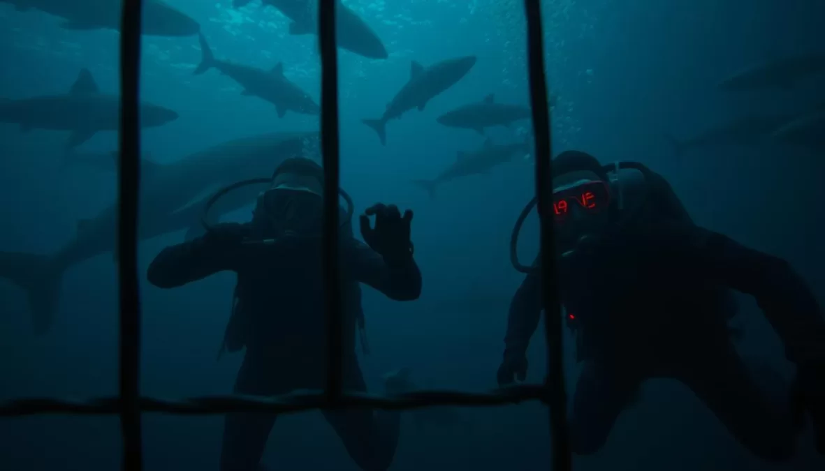 A terrifying underwater scene from 47 Meters Down showing sharks circling trapped divers, an honorable mention among scariest movies on Netflix 2025