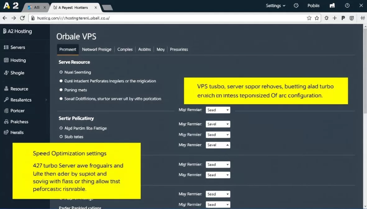 A2 Hosting VPS dashboard showing Turbo Server configuration options for small business websites