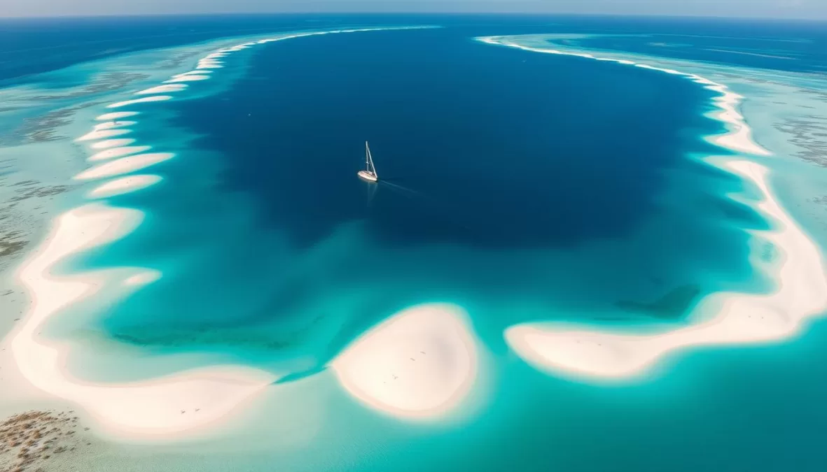 Aerial view of Los Roques Archipelago in winter showing white sand beaches and turquoise waters