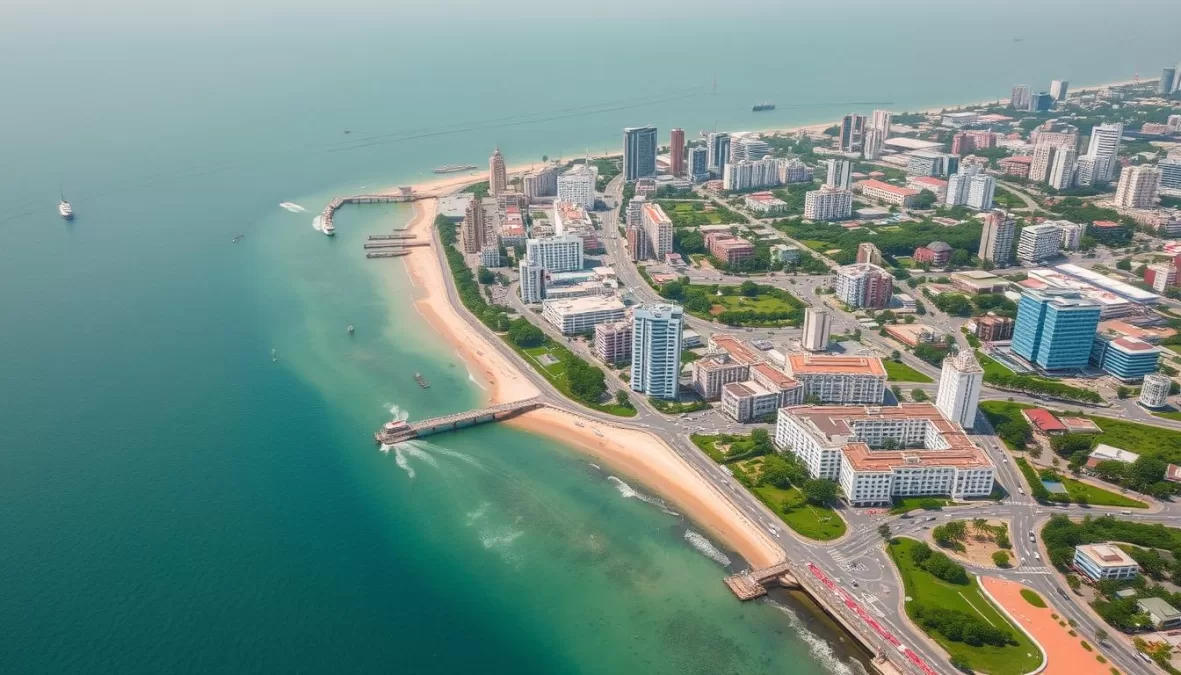 Aerial view of Mangalore, the safest city in India 2025, showing its coastal layout, well-planned streets, and modern infrastructure