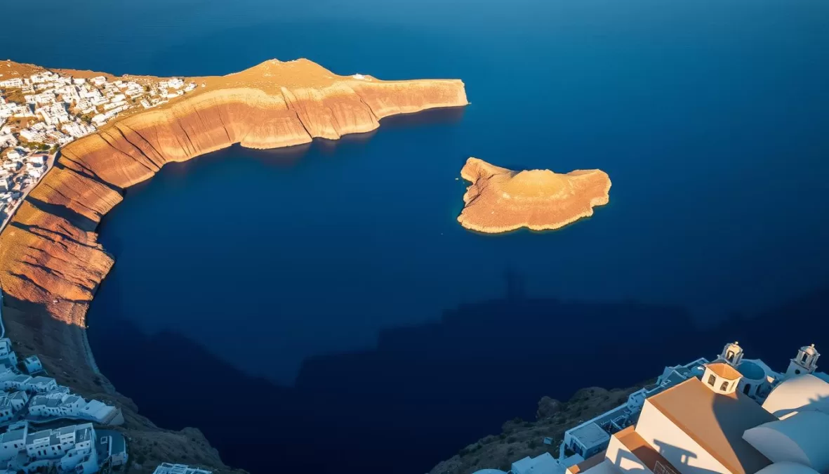 Aerial view of Santorini caldera in Greece, formed by one of the biggest volcano eruption in history that may have influenced Minoan civilization