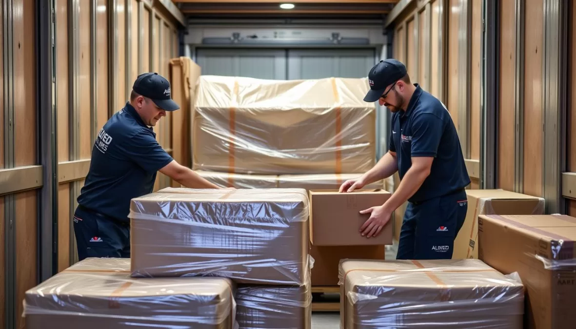 Allied Van Lines moving professionals preparing items for international shipping
