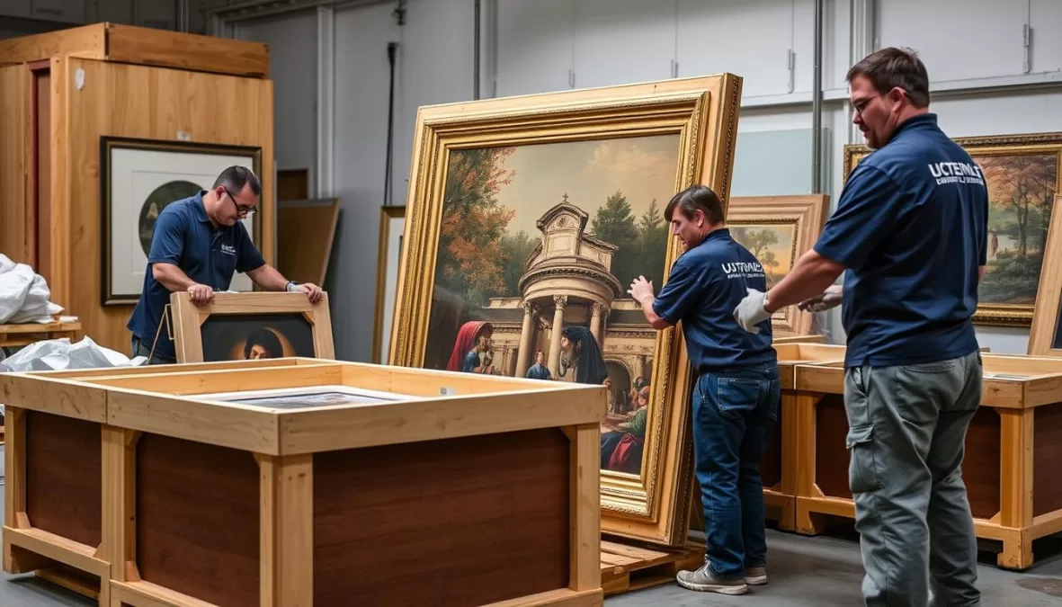 American Van Lines specialists carefully packing and crating fine art and antiques for international shipping