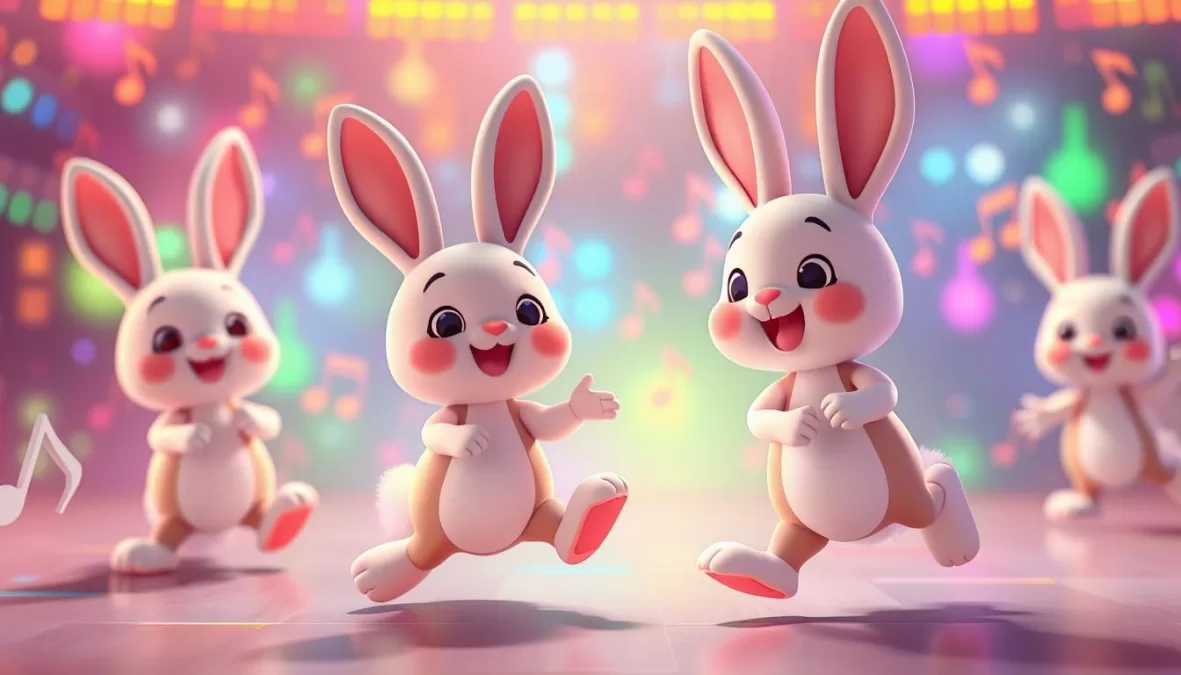 Animated bunnies dancing to Hop Little Bunnies, from top 10 songs for kids 2025
