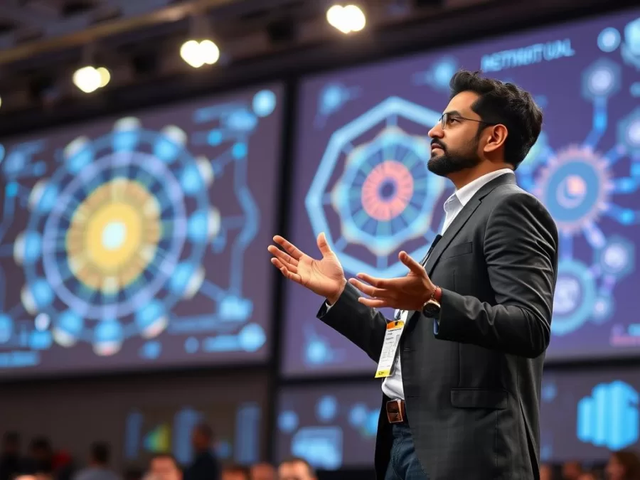 Aravind Srinivas, 31-year-old founder of Perplexity AI, explaining artificial intelligence concepts at a tech conference