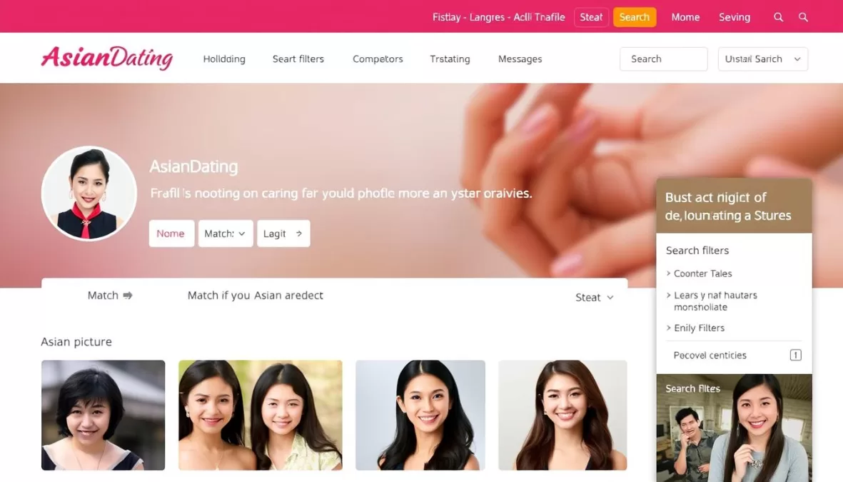 AsianDating website interface showing profile browsing and matching features