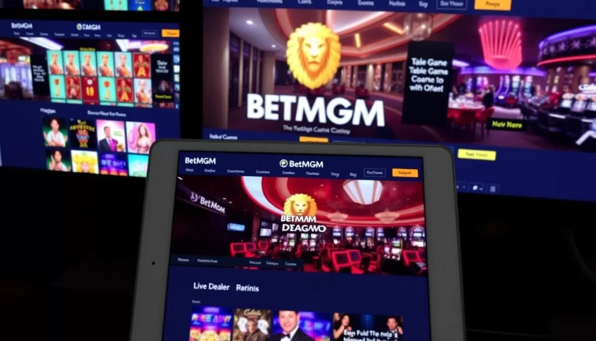 BetMGM Casino interface showing slots and table games on desktop and mobile devices