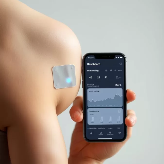 BioSync Health Monitor patch applied to skin with companion app showing comprehensive health metrics and predictive analytics