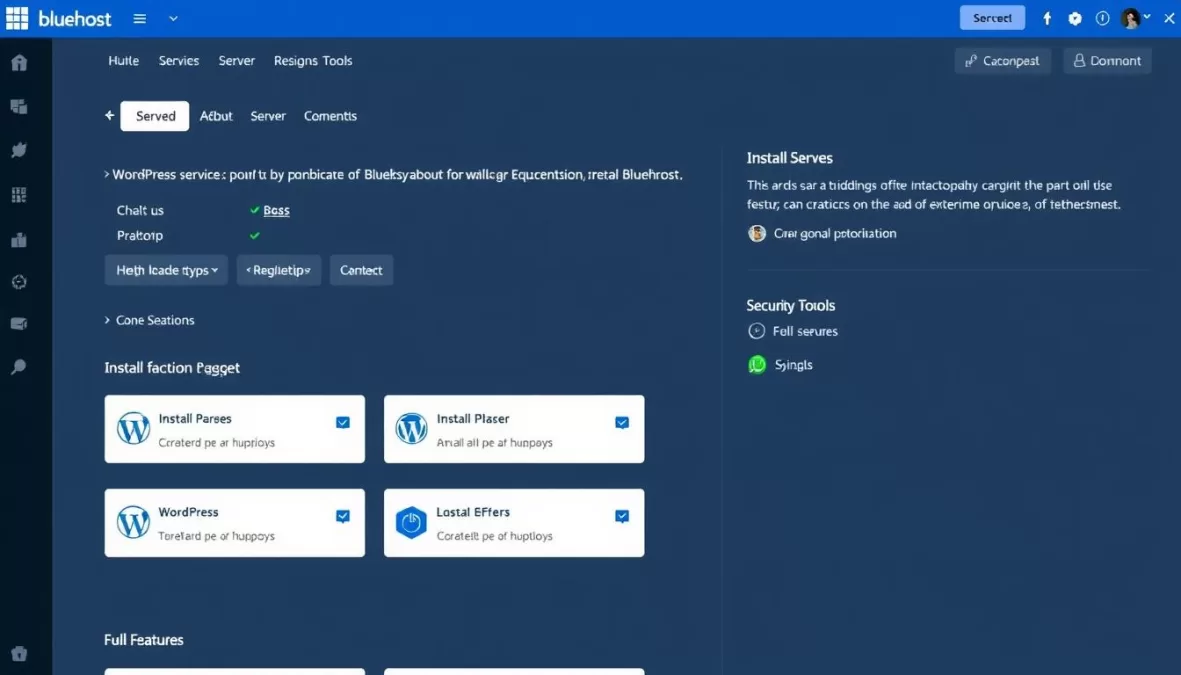 Bluehost VPS hosting interface showing WordPress optimization features for small business websites