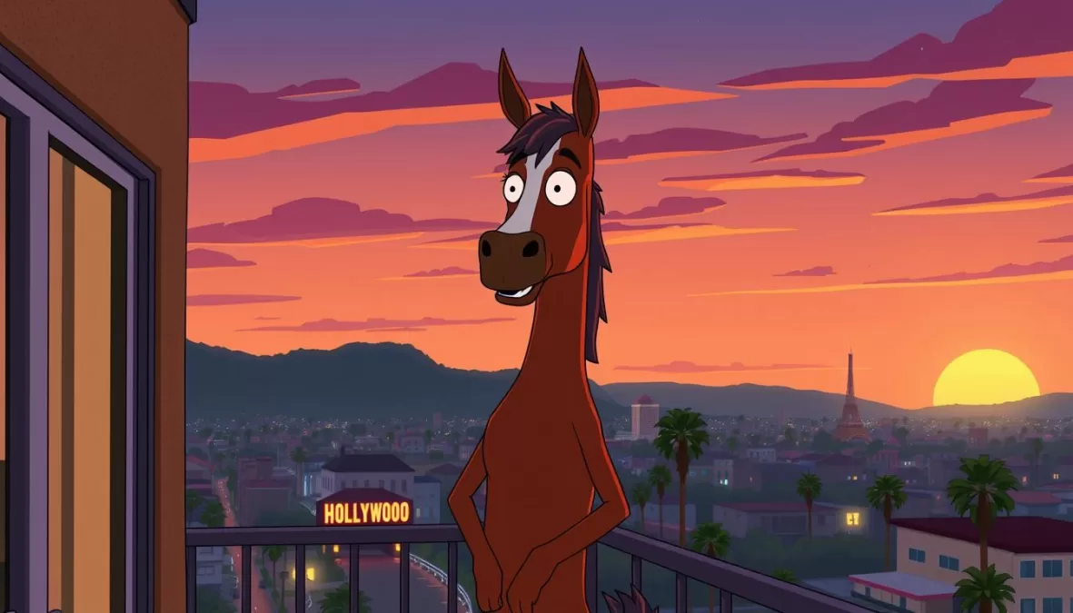 BoJack Horseman standing on his balcony overlooking Hollywood, representing one of the top 10 Netflix series of all time
