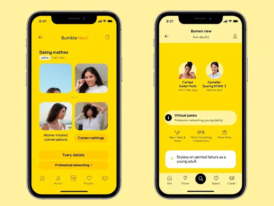 Bumble Next interface showing women-initiated conversations and networking features in 2026