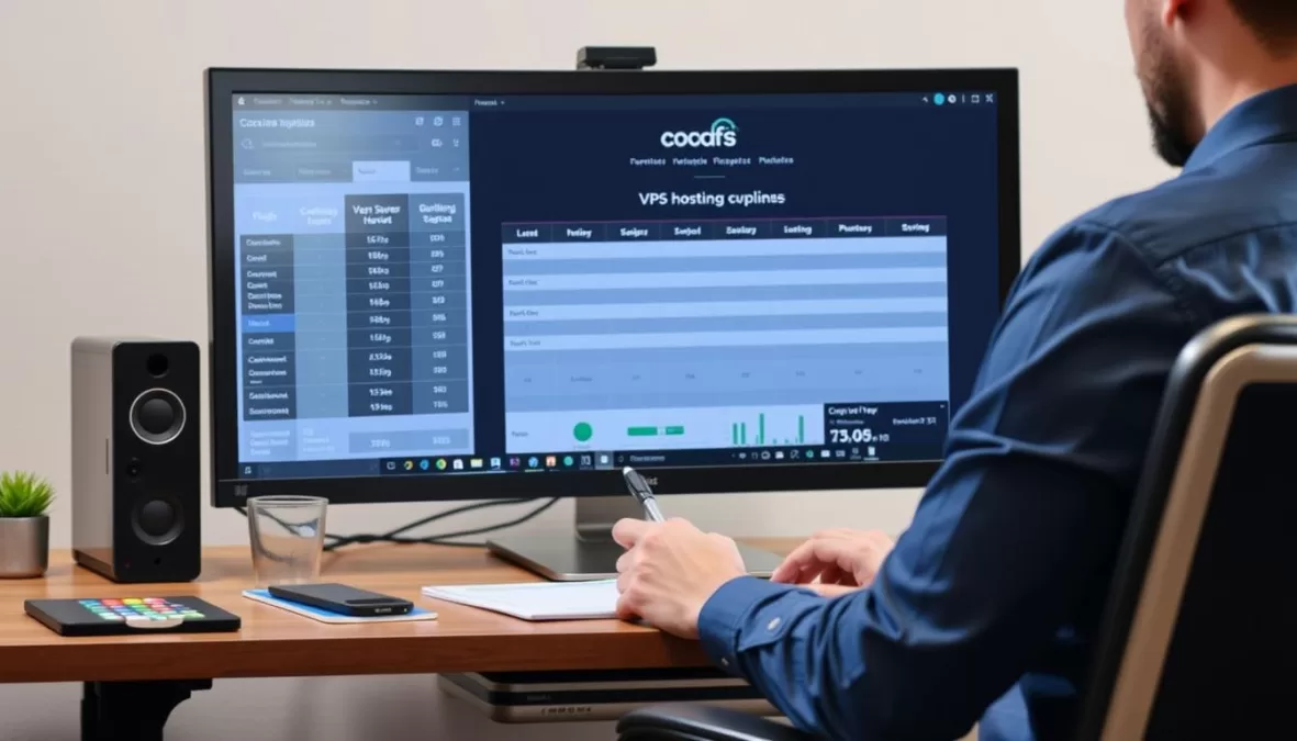 Business owner analyzing VPS hosting options on computer screen for their small business website
