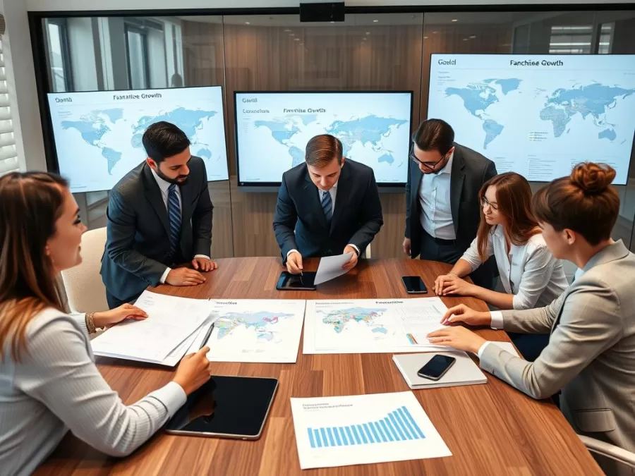 Business professionals analyzing franchise growth models and global expansion strategies