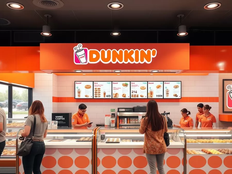 Busy Dunkin' store with customers ordering coffee and donuts at the counter
