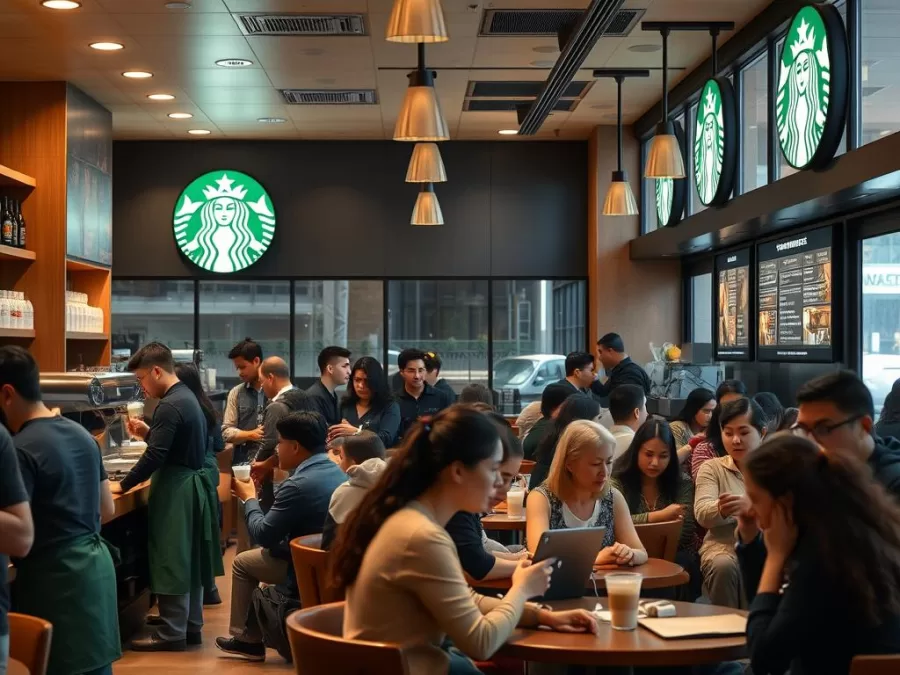 Busy Starbucks cafe with baristas preparing coffee and customers working on laptops