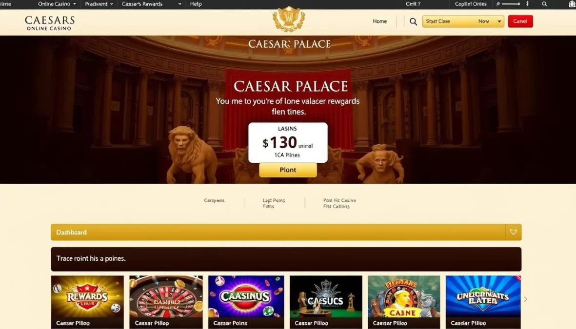 Caesars Palace Online Casino interface showing the rewards program and game selection