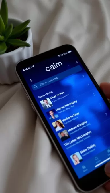 Calm app interface showing sleep stories section with celebrity narrators and meditation options