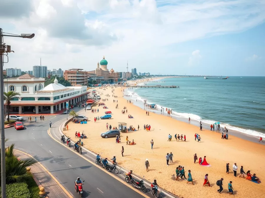 Chennai's Marina Beach with visible security measures highlighting its position as the eighth safest city in India 2025
