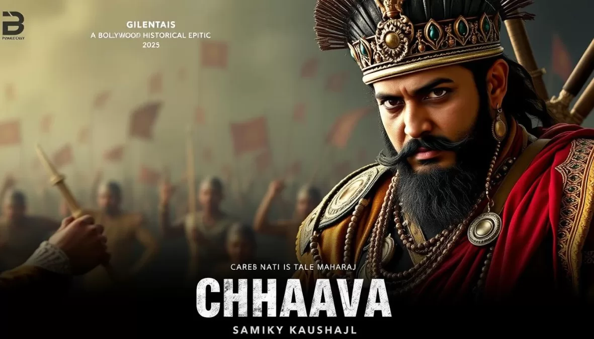 Chhaava movie poster featuring Vicky Kaushal as Sambhaji Maharaj in royal attire