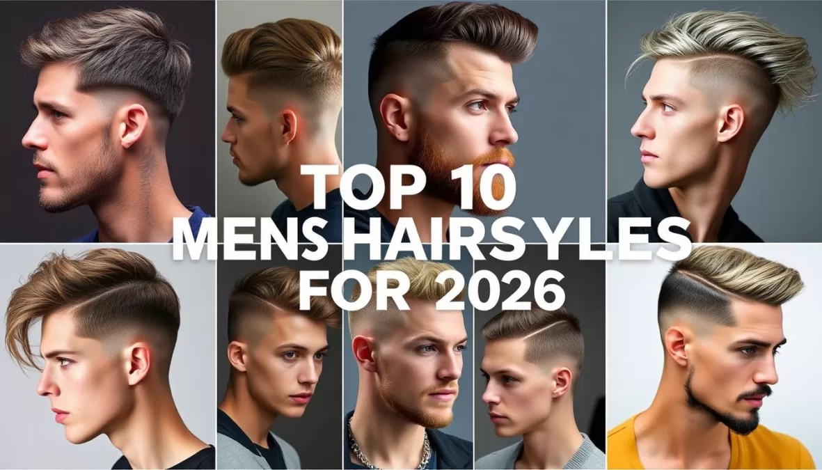 Collage of top 10 cool hairstyles for men 2026 showing diverse styles and textures