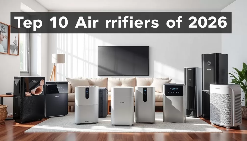 Collection of the top 10 air purifiers 2026 for home use arranged in a modern living room setting