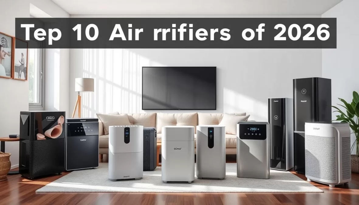 Collection of the top 10 air purifiers 2026 for home use arranged in a modern living room setting