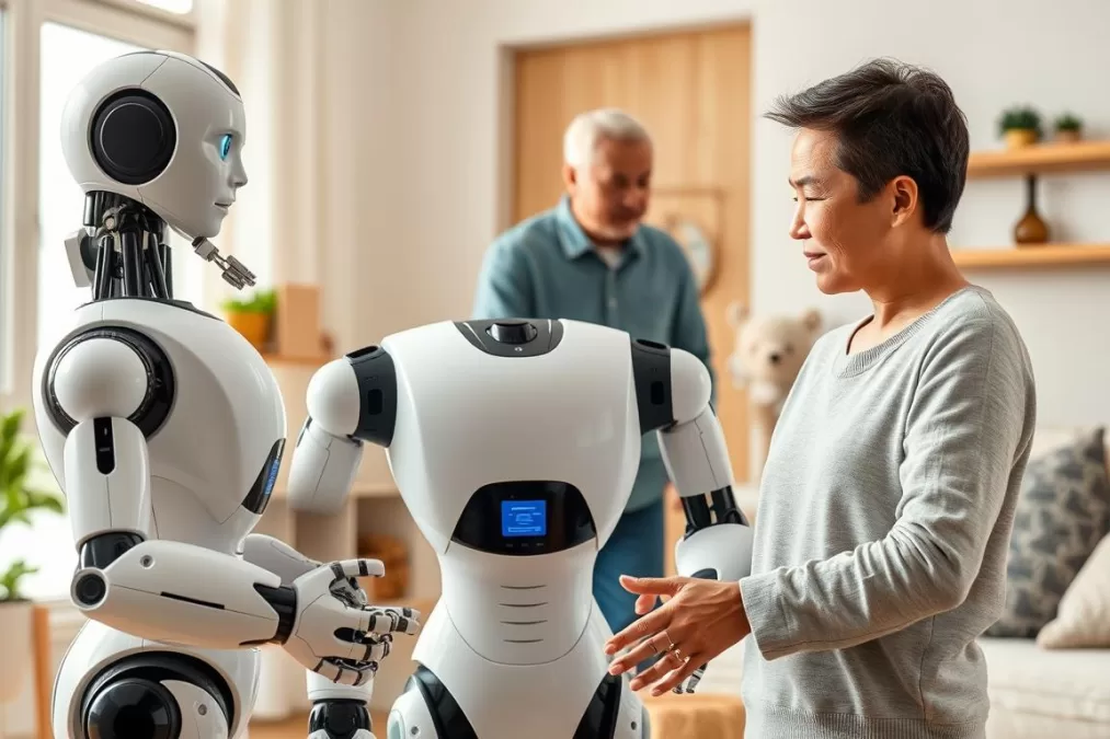 Companion AI Personal Robot with expressive face and dexterous hands performing household tasks and providing emotional support