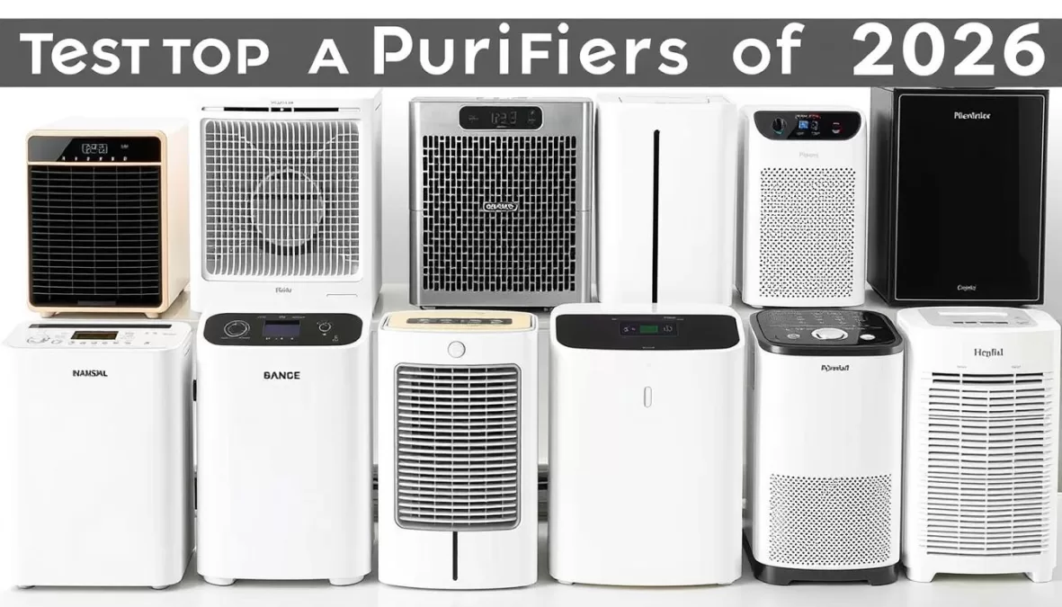 Comparison of the top 10 air purifiers 2026 for home use showing different sizes and features