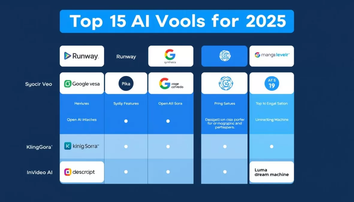 Comparison of top AI video tools 2025 showing various platforms with their key features and pricing