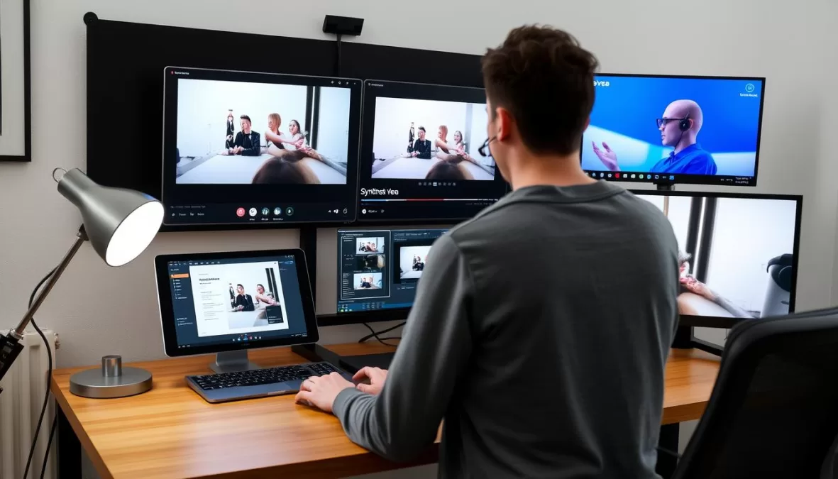 Creator using multiple AI video tools in a professional workspace setup